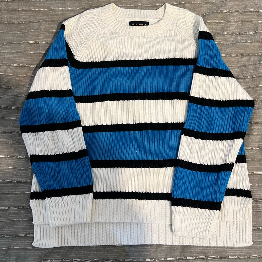 Piombo Blue, White, and Black Striped Crewneck Sweater